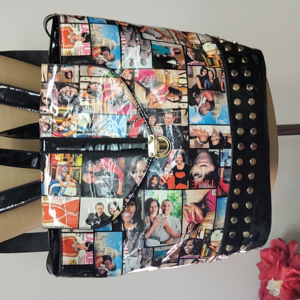 Michelle Obama Magazine Collage Backpack. Trimmed in black